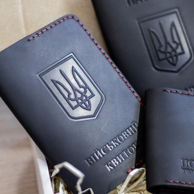 Набір обкладинок на УБД, військовий квиток та паспорт чорний з червоною ниткою