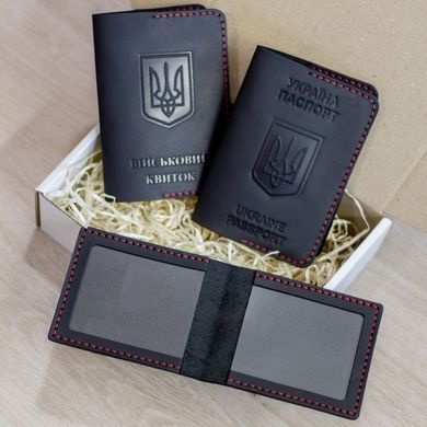 Набір обкладинок на УБД, військовий квиток та паспорт чорний з червоною ниткою