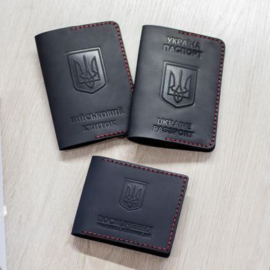 Набір обкладинок на УБД, військовий квиток та паспорт чорний з червоною ниткою